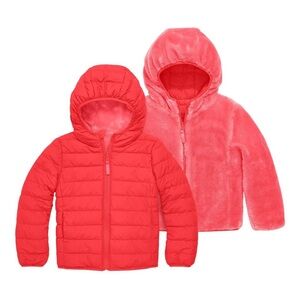 Primary Reversible Coral-Red Puffer & Fleece Hooded Jacket | 3T